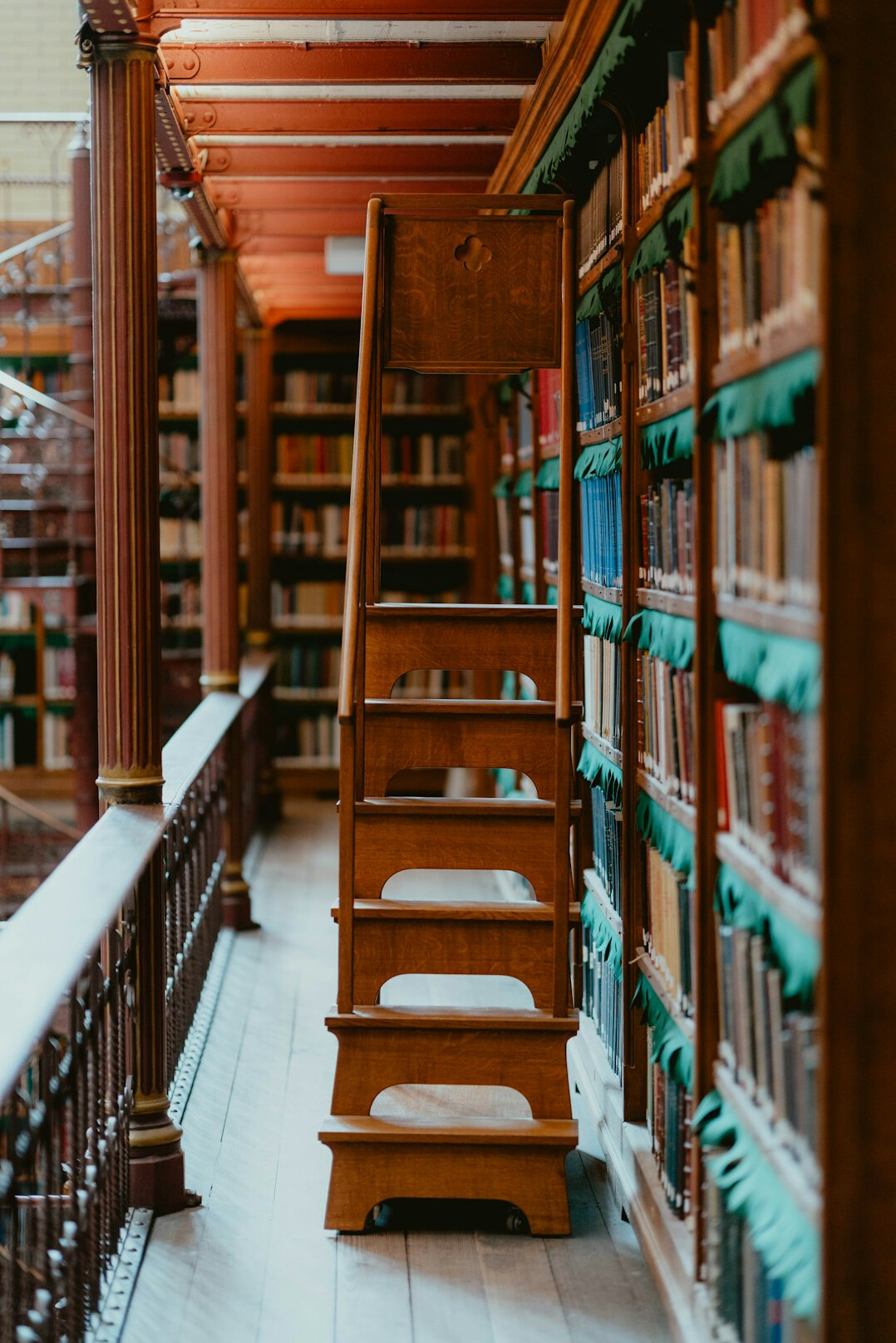 Interior of an old library with tall wooden bookshelves and soft light